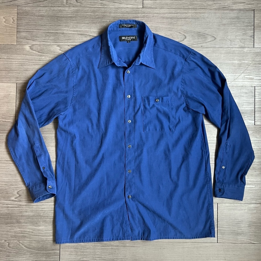 Vintage 80s Blue Brandini Le Collezioni Mens Button Down Shirt Soft Suede Size L
